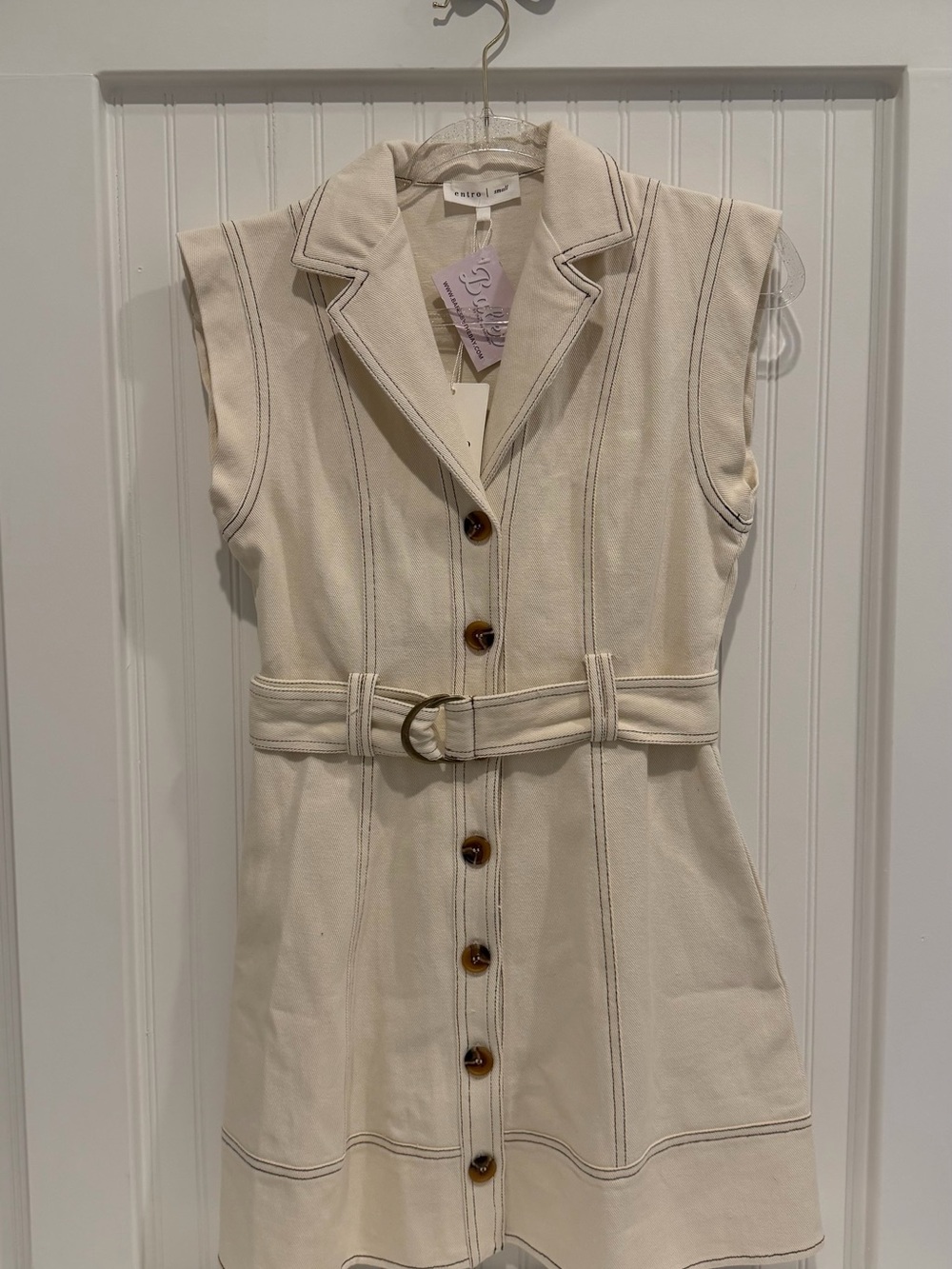 entro Cream Sleeveless Belted Mini Dress with Contrast Stitching